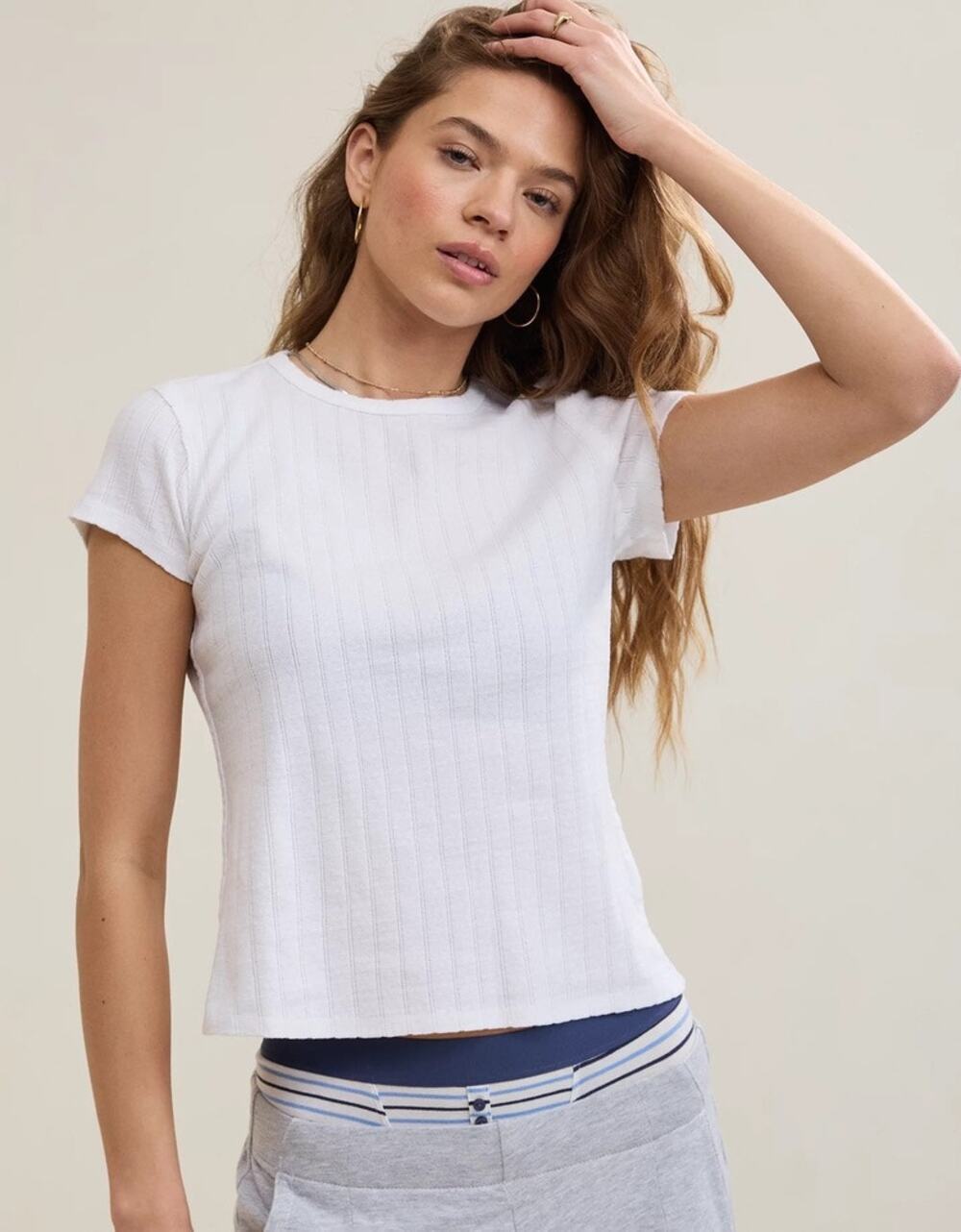Aerie Pointelle Vintage White Tee T-Shirt 100% Cotton XXS NWT New